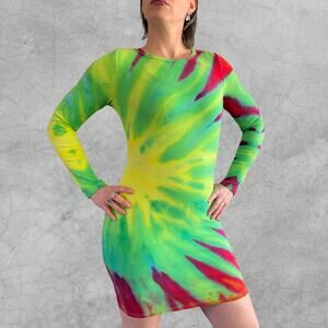 Ice Dyed Long-sleeve Dress - Tie Dye Hippie Boho Drippy Rainbow (Women's Medium)